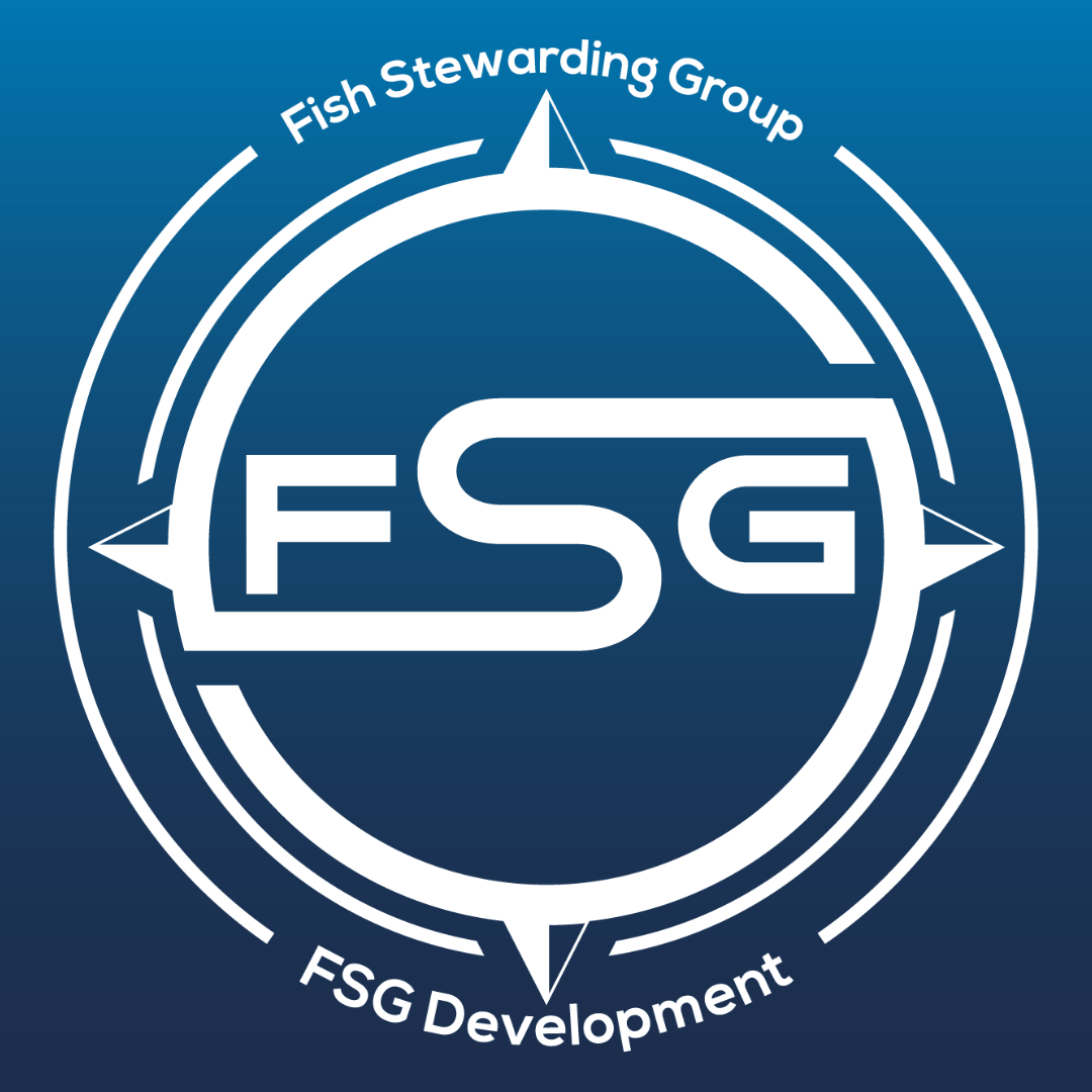 On the back of a blue gradient color that goes from a dark blue on he bottom to a lighter blue on top. In the middle is the FSG logo in gray. The logo has the letters FSG in the middle with a circle with four pointed arrows facing north, south, east and west with the S connected to that circle. Four rounded lines make the next circle of the circle and the last layer is a thin circle with the text on the Bottom that reads FSG development and on top, the text reads Fish Stewarding Group.